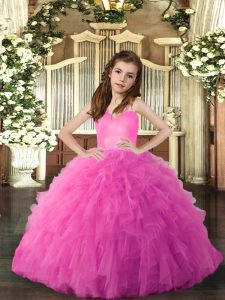 Stylish Floor Length Hot Pink Pageant Gowns For Girls Straps Sleeveless Lace Up