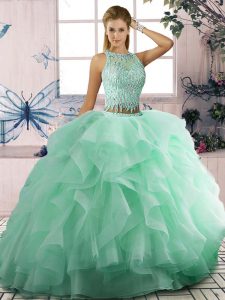  Apple Green Scoop Lace Up Beading and Ruffles Sweet 16 Quinceanera Dress Sleeveless