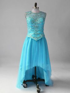 Perfect High Low Lace Up Dress for Prom Aqua Blue for Prom and Party and Military Ball with Beading
