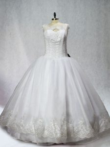  White Organza Lace Up Scoop Sleeveless Floor Length Vestidos de Quinceanera Beading and Appliques