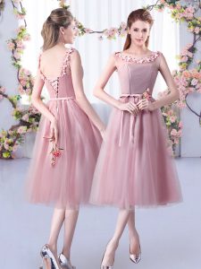  Tea Length Pink Damas Dress Scoop Sleeveless Lace Up