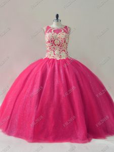 Popular Hot Pink Scoop Lace Up Beading Quince Ball Gowns Sleeveless