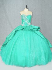 Elegant Satin Sweetheart Sleeveless Court Train Lace Up Embroidery Quince Ball Gowns in Turquoise