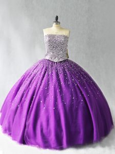  Strapless Sleeveless Ball Gown Prom Dress Floor Length Beading Purple Organza