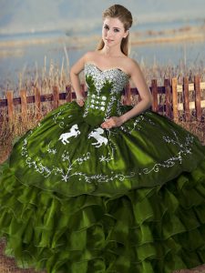  Olive Green Sleeveless Floor Length Embroidery and Ruffles Lace Up Quinceanera Dress