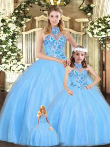  Sleeveless Tulle Floor Length Lace Up 15 Quinceanera Dress in Baby Blue with Embroidery