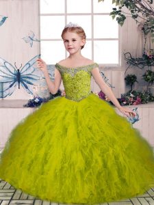  Olive Green Lace Up Little Girls Pageant Dress Wholesale Beading and Ruffles Sleeveless Floor Length