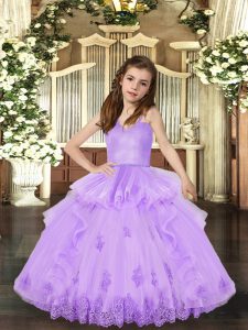  Lavender Sleeveless Tulle Lace Up Little Girl Pageant Gowns for Party and Wedding Party