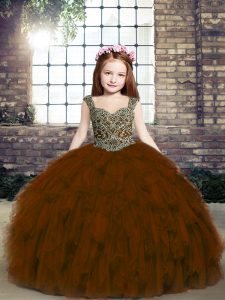  Ball Gowns Pageant Gowns For Girls Brown Straps Tulle Sleeveless Floor Length Lace Up