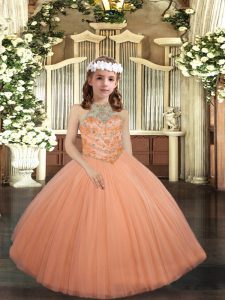  Peach Halter Top Lace Up Beading Little Girl Pageant Dress Sleeveless