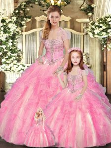 Designer Baby Pink Tulle Lace Up Quinceanera Gown Sleeveless Floor Length Beading and Ruffles