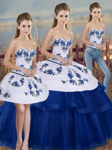 Hot Sale Royal Blue Sleeveless Floor Length Embroidery and Bowknot Lace Up 15th Birthday Dress