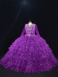 Luxury Long Sleeves Organza Floor Length Lace Up 15 Quinceanera Dress in Purple with Beading and Ruffled Layers