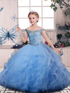 Sleeveless Floor Length Beading and Ruffles Lace Up Girls Pageant Dresses with Blue