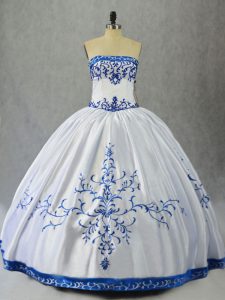 Artistic Floor Length Lace Up Quinceanera Gown Blue And White for Sweet 16 and Quinceanera with Embroidery
