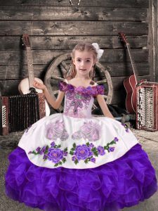 Fancy Purple Pageant Gowns For Girls Wedding Party with Beading and Embroidery and Ruffles Off The Shoulder Sleeveless Lace Up