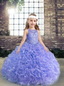  Floor Length Lace Up Kids Formal Wear Lavender for Party and Wedding Party with Beading and Ruffles