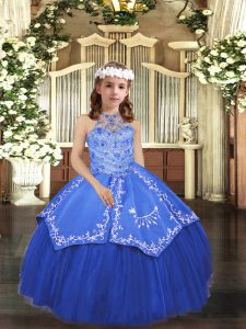  Floor Length Lace Up Little Girl Pageant Dress Royal Blue for Party and Wedding Party with Beading and Appliques