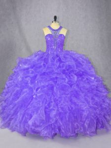 Modest Purple Zipper Scoop Beading 15 Quinceanera Dress Organza Sleeveless