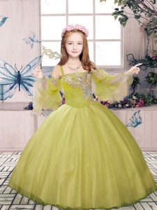  Olive Green Sleeveless Beading Floor Length Little Girls Pageant Dress
