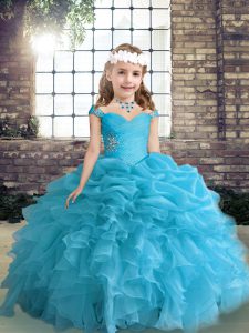 Elegant Blue Ball Gowns Beading and Ruffles and Pick Ups Little Girls Pageant Gowns Lace Up Organza Sleeveless Floor Length
