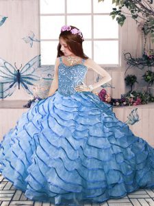 High Quality Straps Sleeveless Little Girl Pageant Gowns Floor Length Court Train Beading and Ruffled Layers Blue Organza