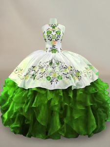 On Sale Green Halter Top Neckline Embroidery Quinceanera Gowns Sleeveless Lace Up
