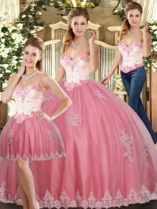Comfortable Watermelon Red Sleeveless Floor Length Beading and Appliques Lace Up Sweet 16 Quinceanera Dress