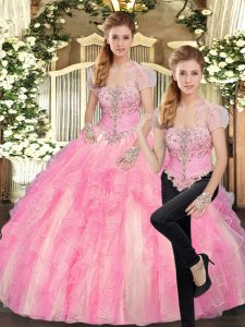 Smart Sleeveless Tulle Floor Length Lace Up Quinceanera Gowns in Baby Pink with Beading and Ruffles