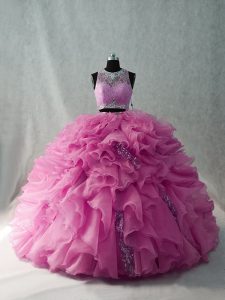  Scoop Brush Train Quinceanera Gown Pink Organza