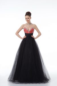 Fashionable Sleeveless Tulle Floor Length Zipper Prom Party Dress in Black with Beading