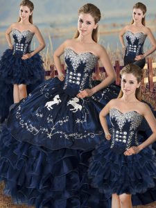  Navy Blue Sweetheart Neckline Embroidery and Ruffles Sweet 16 Dresses Sleeveless Lace Up