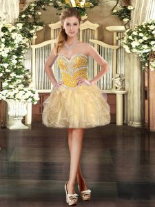 Fitting Gold Organza Lace Up Prom Party Dress Sleeveless Mini Length Beading and Ruffles