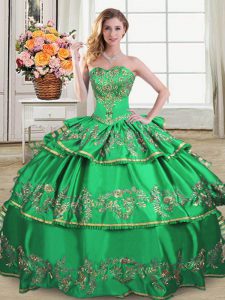 Comfortable Sleeveless Floor Length Embroidery and Ruffled Layers Lace Up Quinceanera Gowns with Green
