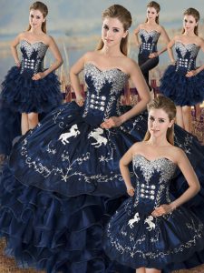  Sleeveless Satin and Organza Floor Length Lace Up Sweet 16 Quinceanera Dress in Navy Blue with Embroidery and Ruffles