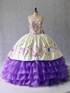Fancy Lavender Quince Ball Gowns Sweet 16 and Quinceanera with Embroidery and Ruffled Layers Sweetheart Sleeveless Lace Up