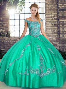  Off The Shoulder Sleeveless 15th Birthday Dress Floor Length Beading and Embroidery Turquoise Tulle