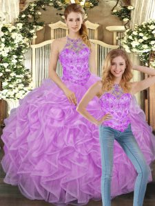 Wonderful Tulle Halter Top Sleeveless Lace Up Beading and Ruffles Sweet 16 Dress in Lilac