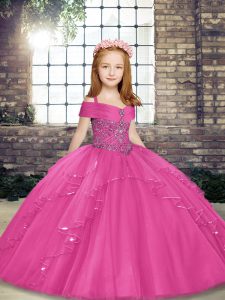  Sleeveless Floor Length Beading Lace Up Little Girl Pageant Dress with Hot Pink