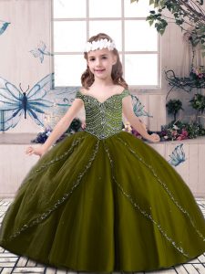 Exquisite Olive Green Ball Gowns Straps Sleeveless Tulle Floor Length Lace Up Beading Little Girls Pageant Dress