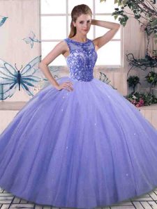 Fantastic Lavender Ball Gowns Scoop Sleeveless Tulle Floor Length Lace Up Beading Quinceanera Gowns