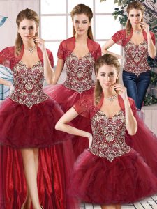  Burgundy Sleeveless Floor Length Beading and Ruffles Lace Up Sweet 16 Dresses