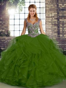  Ball Gowns 15th Birthday Dress Olive Green Straps Tulle Sleeveless Floor Length Lace Up