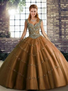 Pretty Brown Ball Gowns Straps Sleeveless Tulle Floor Length Lace Up Beading and Appliques Sweet 16 Dresses