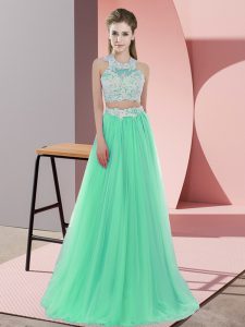 Fashionable Apple Green Two Pieces Tulle Halter Top Sleeveless Lace Floor Length Zipper Quinceanera Court of Honor Dress