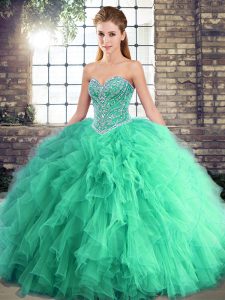  Floor Length Lace Up 15 Quinceanera Dress Turquoise for Military Ball and Sweet 16 and Quinceanera with Beading and Ruffles