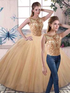  Gold Two Pieces Tulle Scoop Sleeveless Beading Floor Length Lace Up Quinceanera Gown