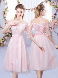 Glittering Off The Shoulder Half Sleeves Dama Dress Tea Length Lace and Belt Baby Pink Tulle