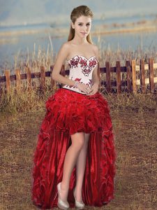  High Low Red Prom Gown Organza Sleeveless Embroidery and Ruffles