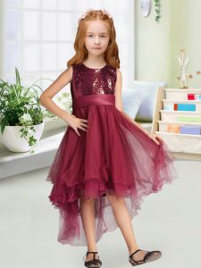  Burgundy Organza Zipper Scoop Sleeveless High Low Toddler Flower Girl Dress Sequins and Bowknot